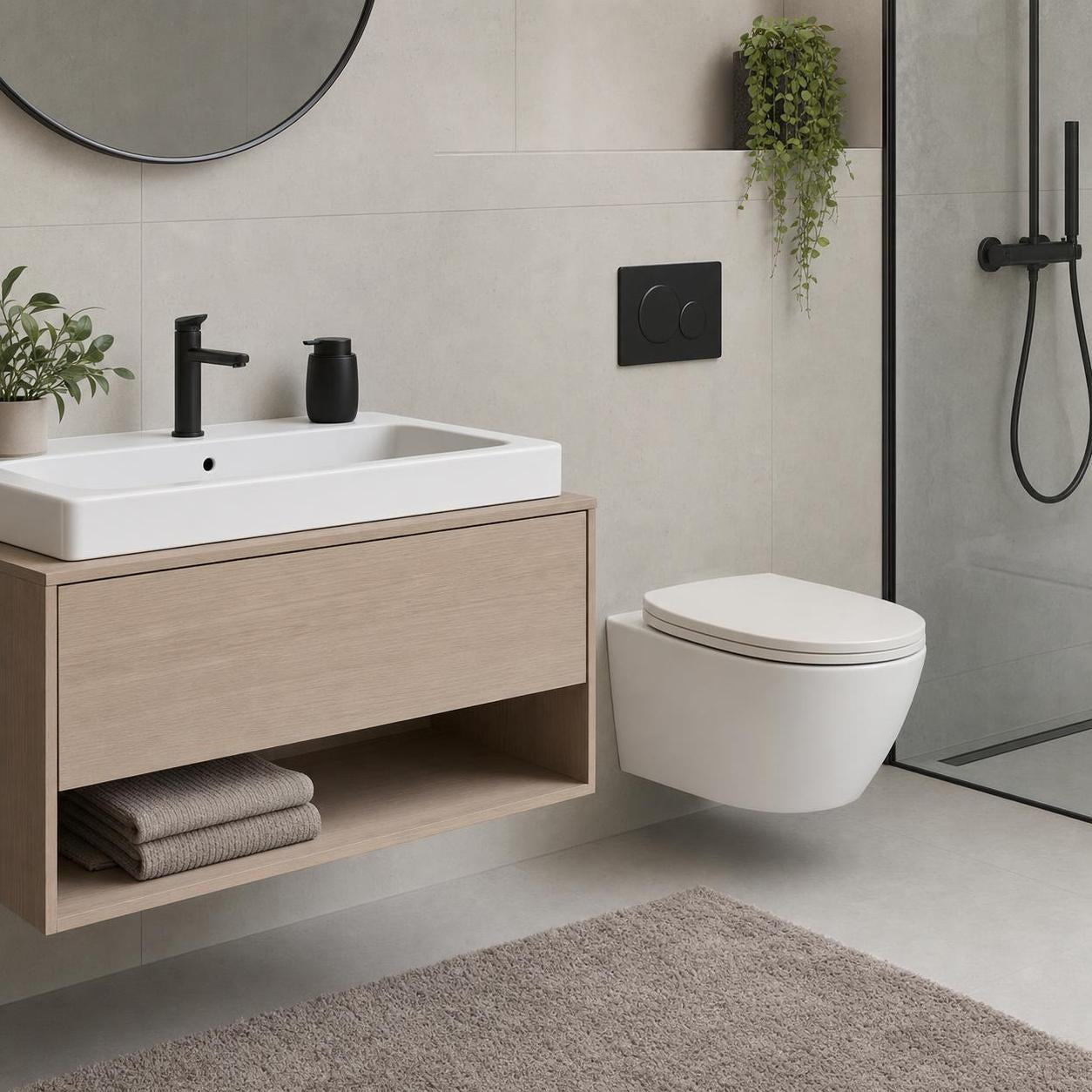 Modernes Wand-WC steht neben Waschtisch und Dusche im hellen Bad.