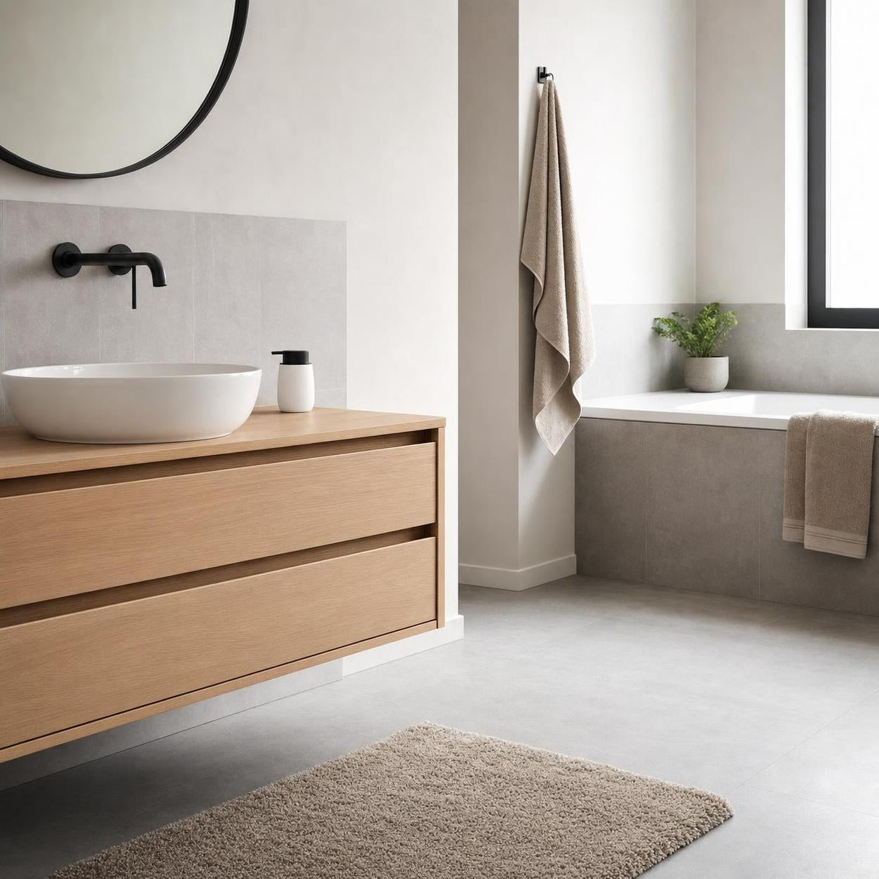 Beige Badematte liegt vor Holzwaschtisch in modernem Bad.