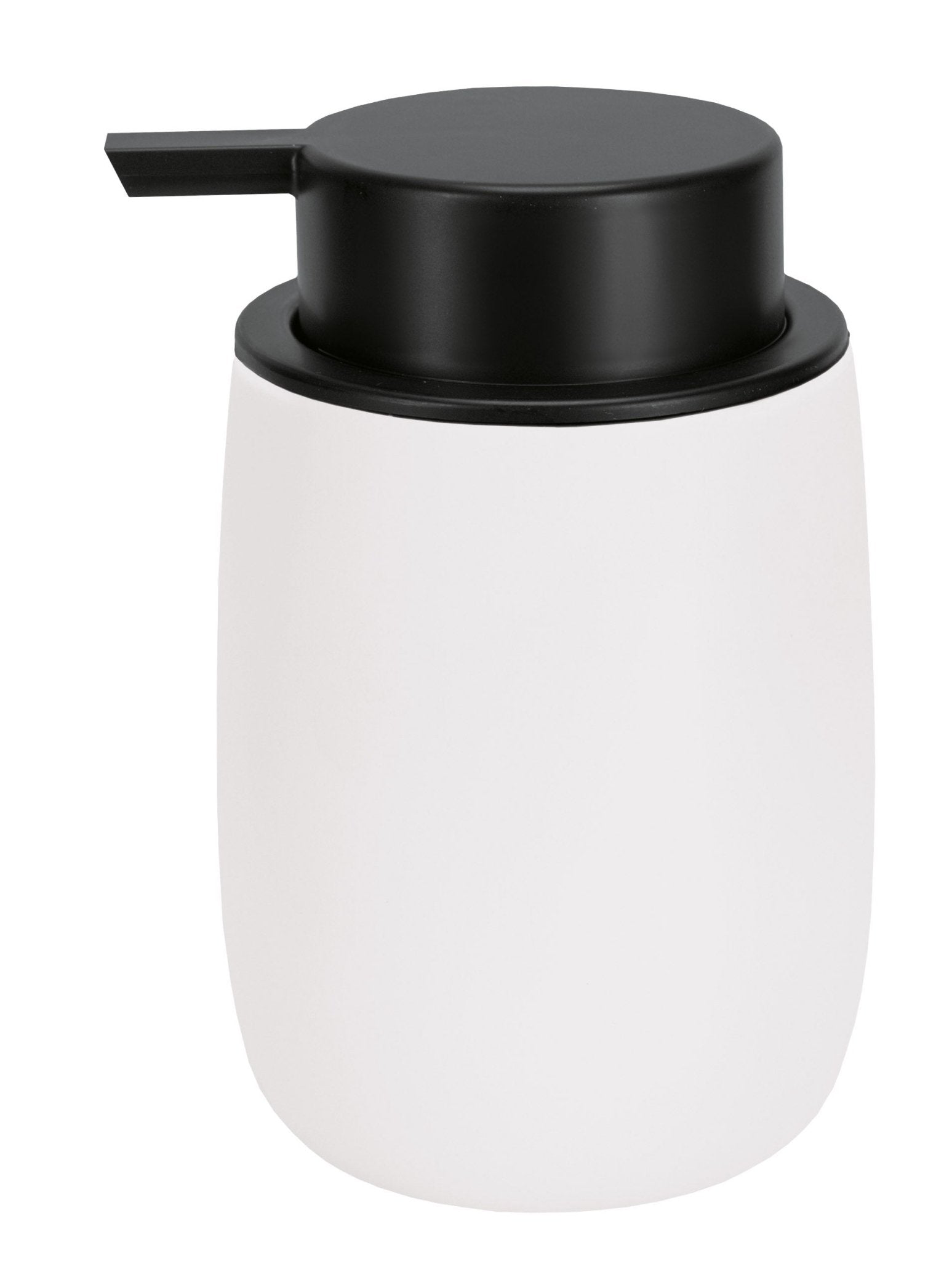 Seifenspender BONNY Weiß steht mit schwarzem Pumpkopf freistehend vor weißem Hintergrund.