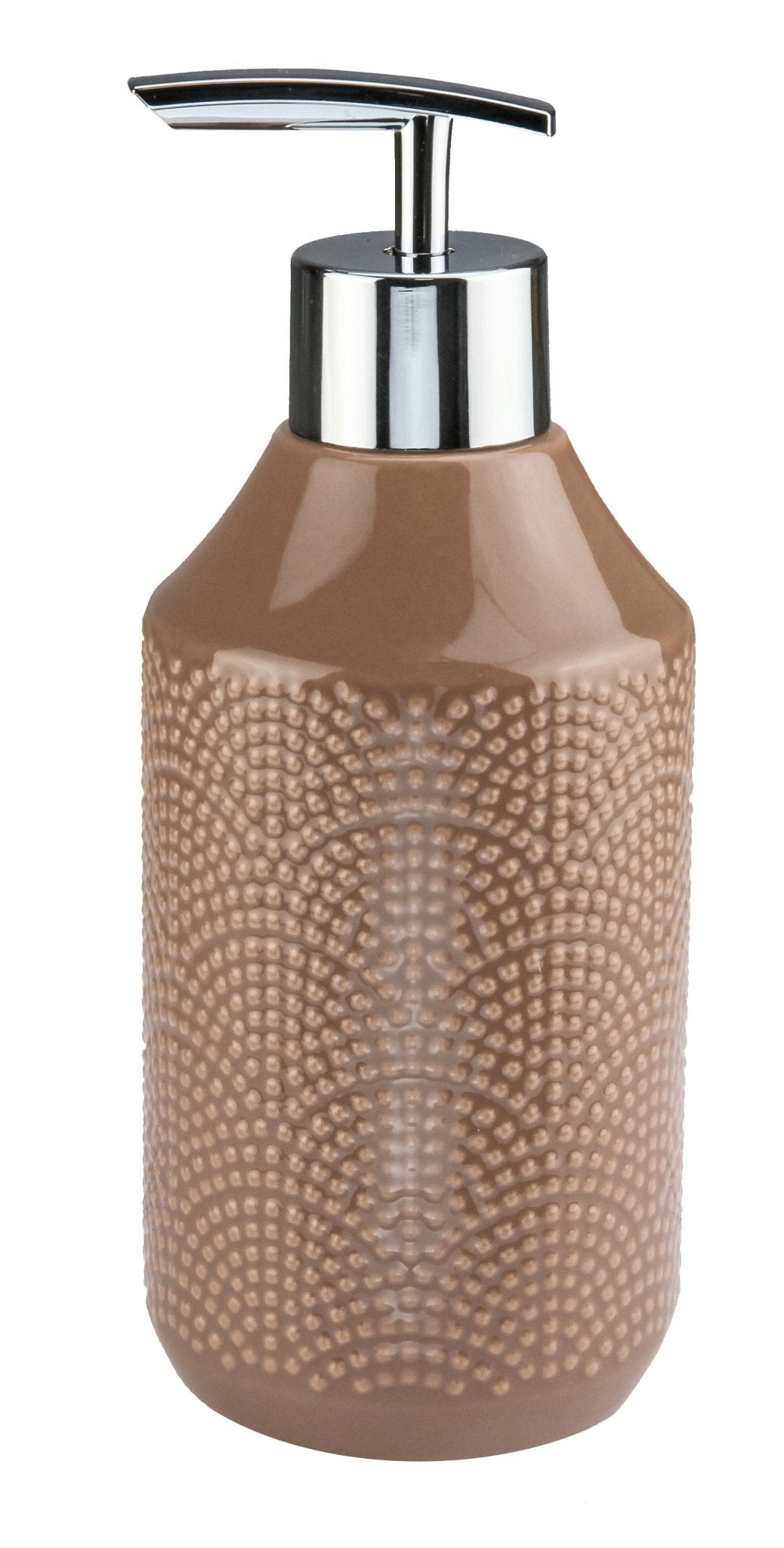 Seifenspender BOW Cappuccino steht mit strukturierter Keramikoberfläche vor weißem Hintergrund.
