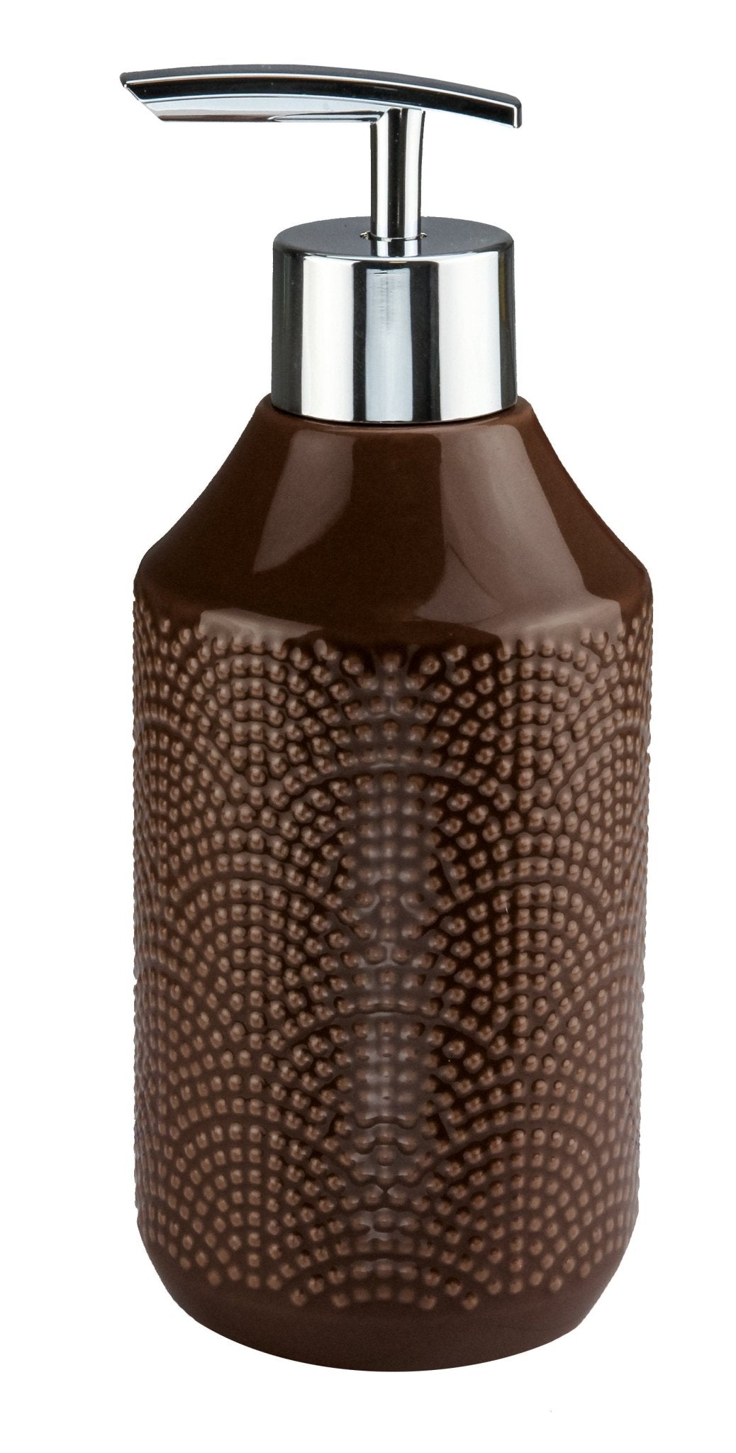 Seifenspender BOW Nussbraun steht aufrecht und zeigt seine strukturierte, braune Keramikoberfläche.