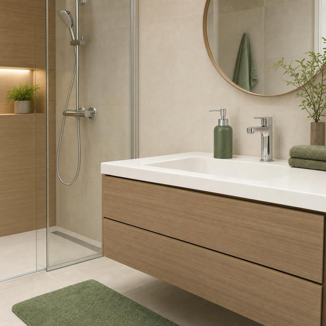 Moderner Holz-Waschtisch mit weißem Becken in hellem Bad mit Dusche.
