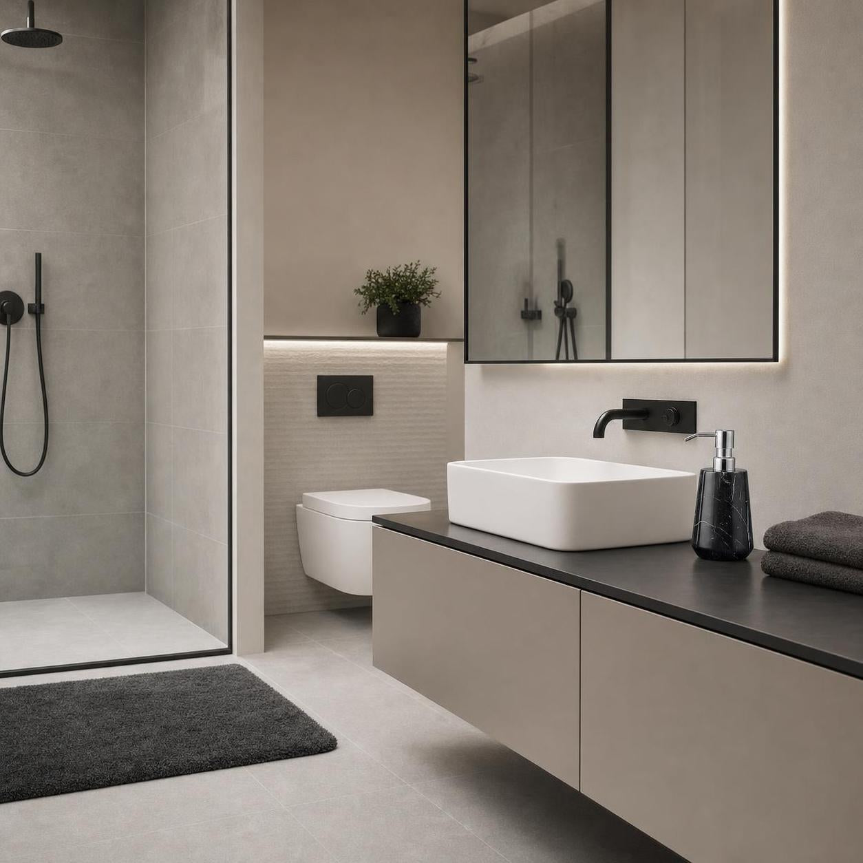 Modernes Bad mit Aufsatzwaschbecken, schwarzer Armatur und Dusche.