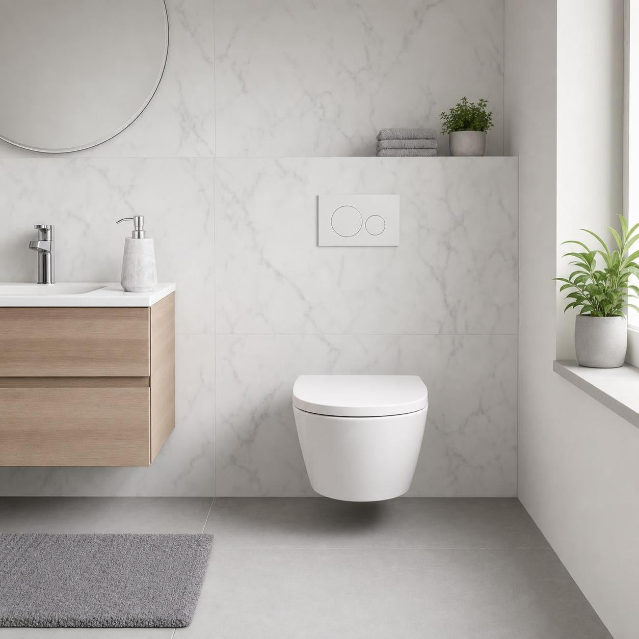 Ein wandhängendes WC steht in einem hellen Bad mit Marmorfliesen.