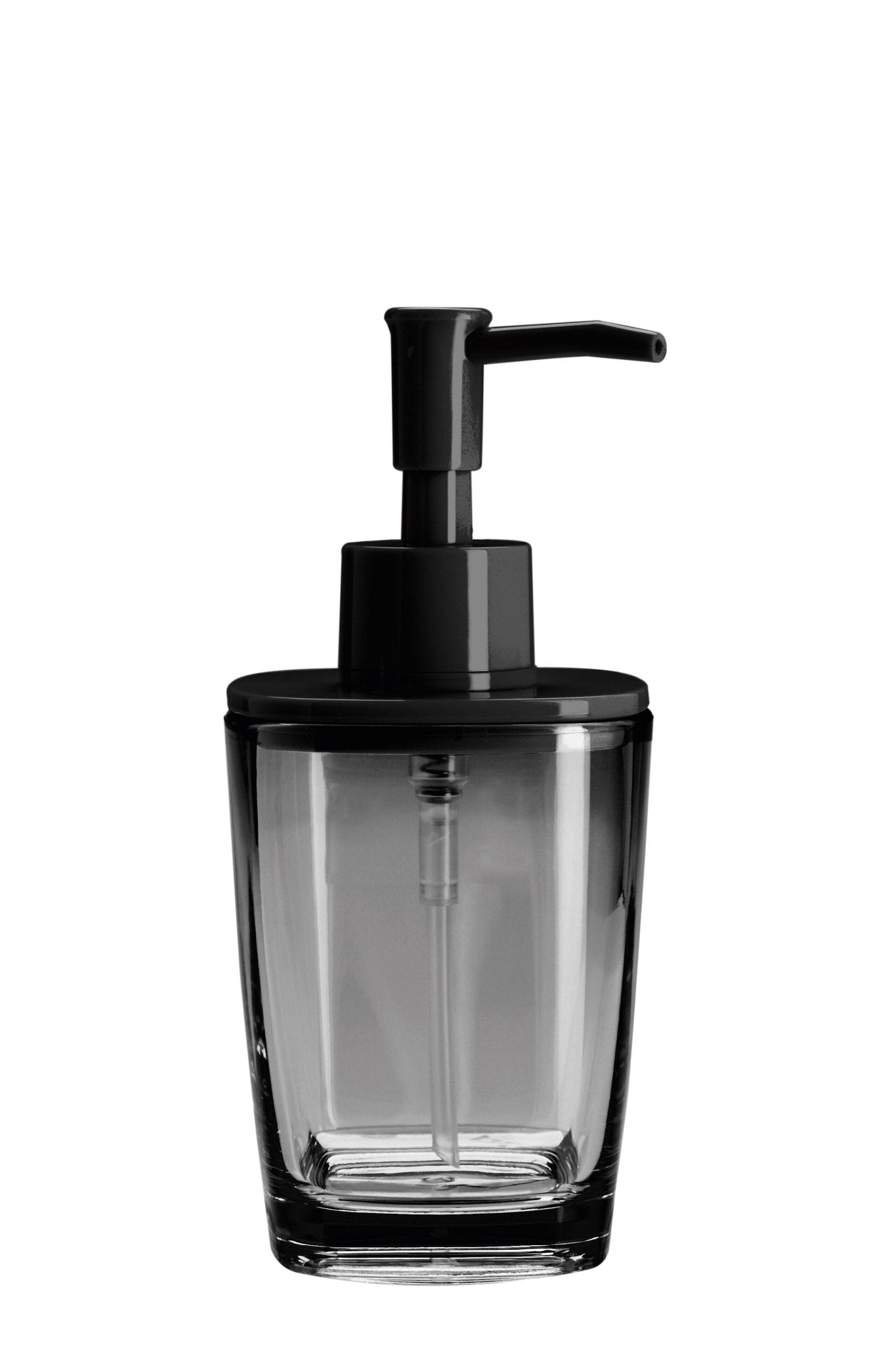 Der Seifenspender CLARA Schwarz steht freistehend vor weißem Hintergrund.