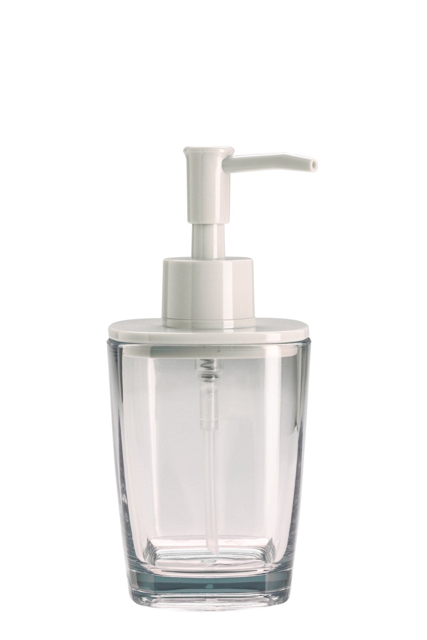 Der Seifenspender CLARA Weiß steht freigestellt vor weißem Hintergrund.