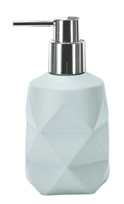 Seifenspender CRACKLE Opal mit geometrischer Oberfläche und silberner Pumpe vor weißem Hintergrund.