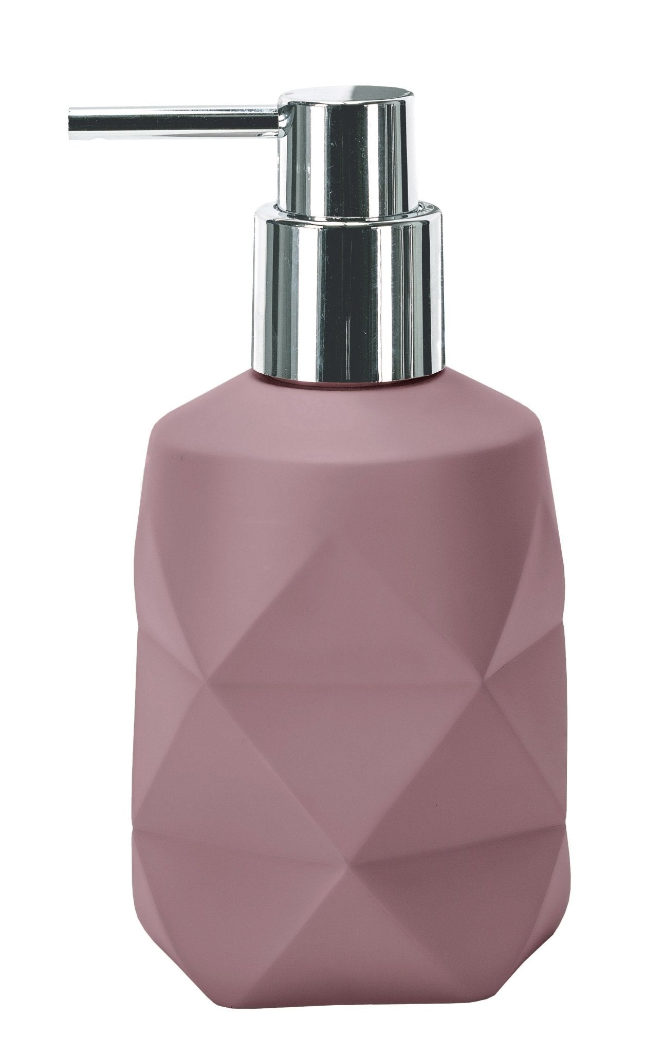 Seifenspender CRACKLE Rouge mit facettierter, rosafarbener Oberfläche vor weißem Hintergrund.