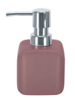 Quadratischer mauvefarbener Seifenspender mit glänzender Chrompumpe