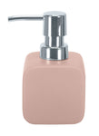Rosa, eckiger Seifenspender aus Keramik mit silbernem, glänzendem Pumpkopf