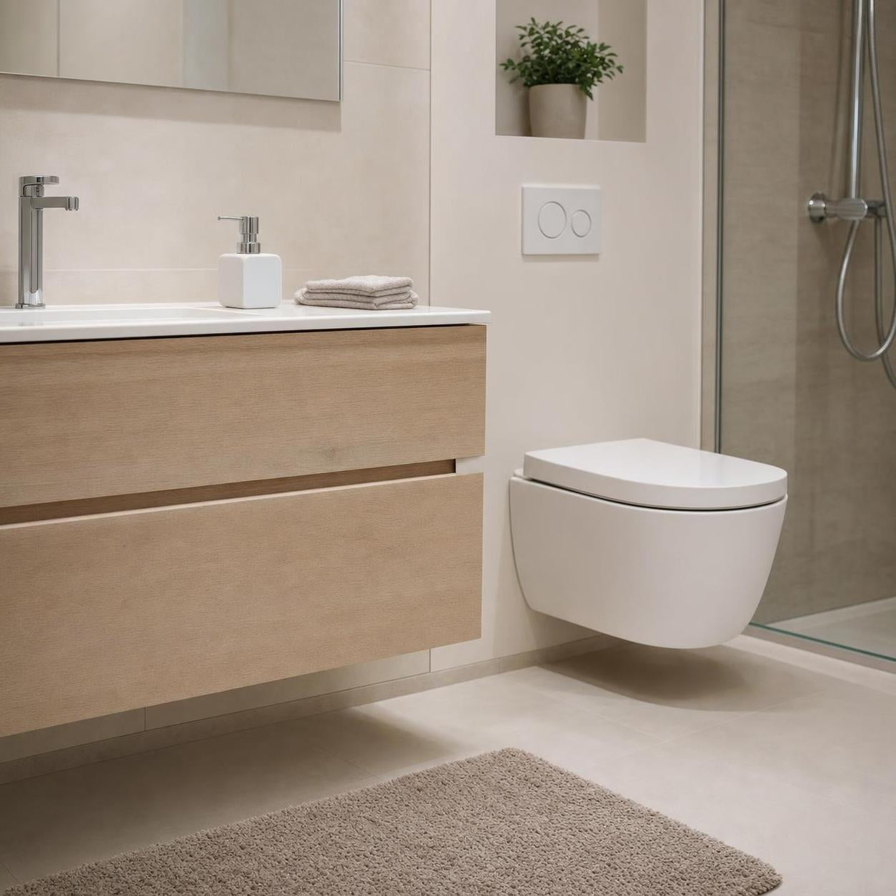 Ein moderner Holz-Waschtisch steht neben Wand-WC und Dusche.
