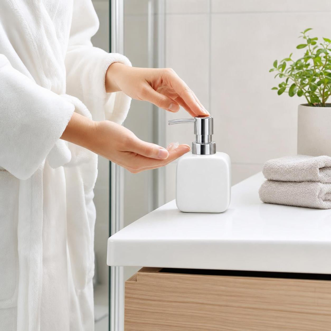 Ein weißer Seifenspender mit Chrompumpe wird im Badezimmer benutzt.