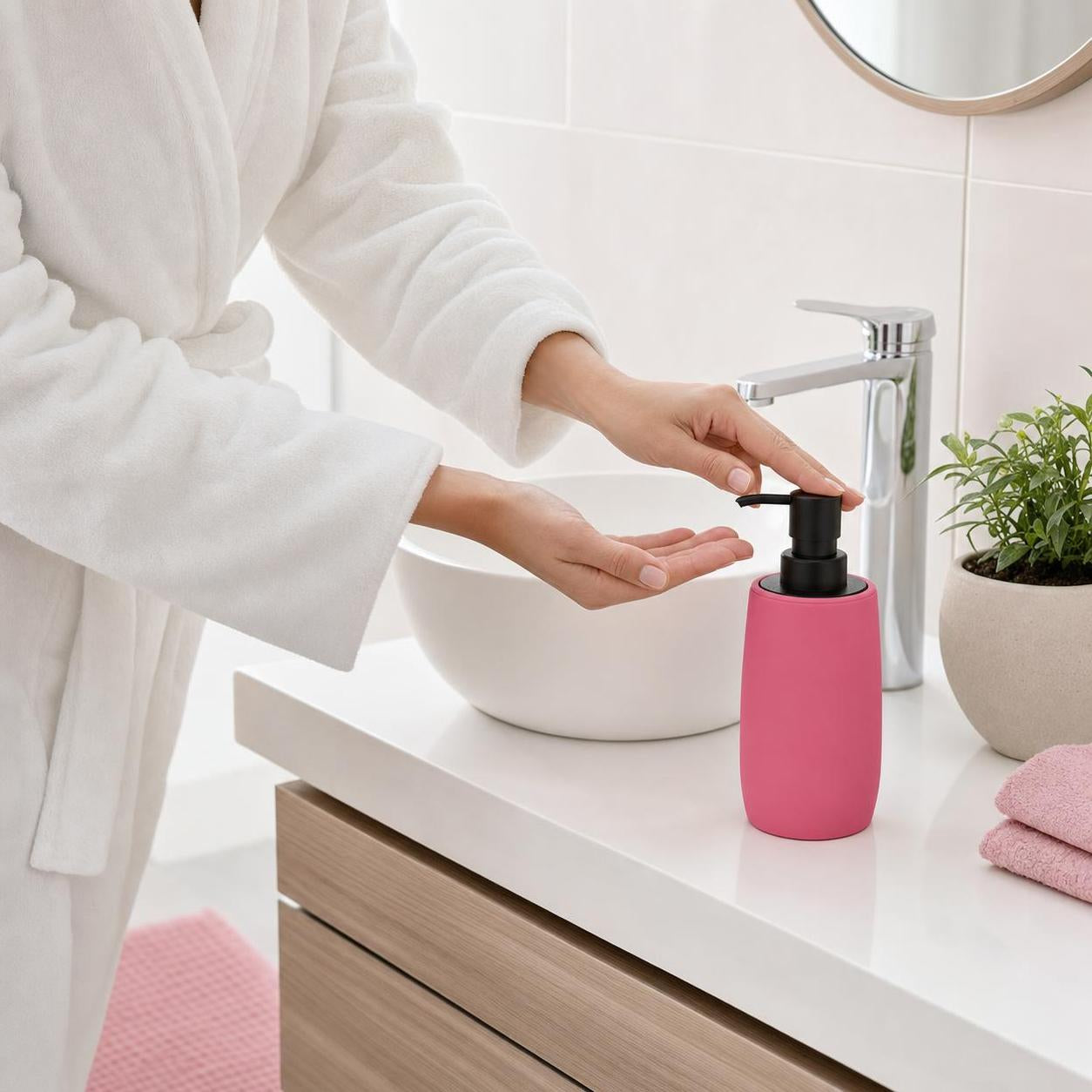 Ein rosa Seifenspender steht am Waschbecken und wird benutzt.