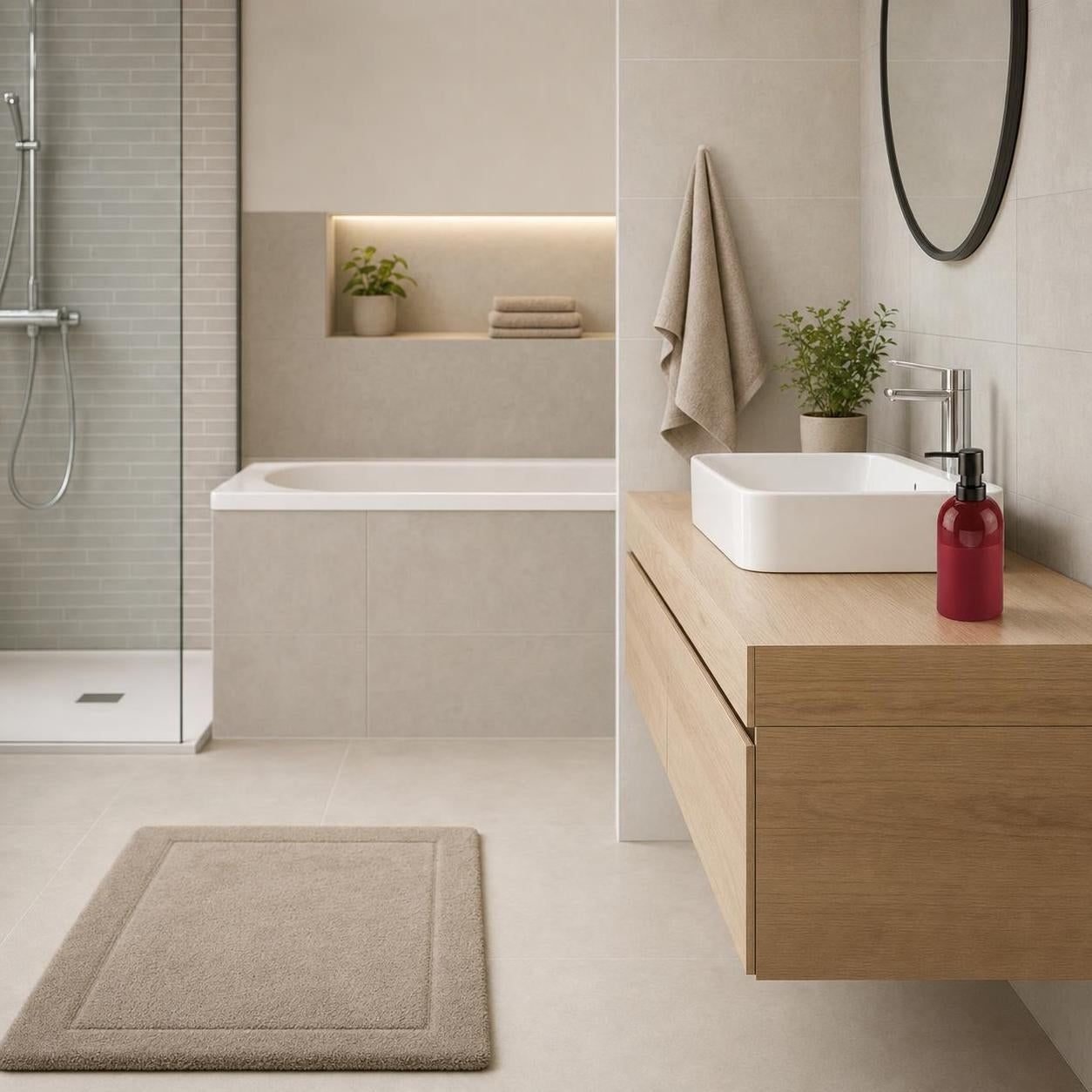 Beiger Badteppich liegt vor Dusche und Badewanne im modernen Bad.