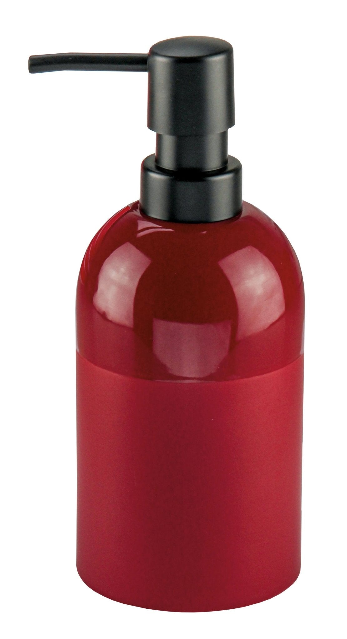 Roter Seifenspender DEEP Granat aus Kunststoff steht freigestellt vor weißem Hintergrund.