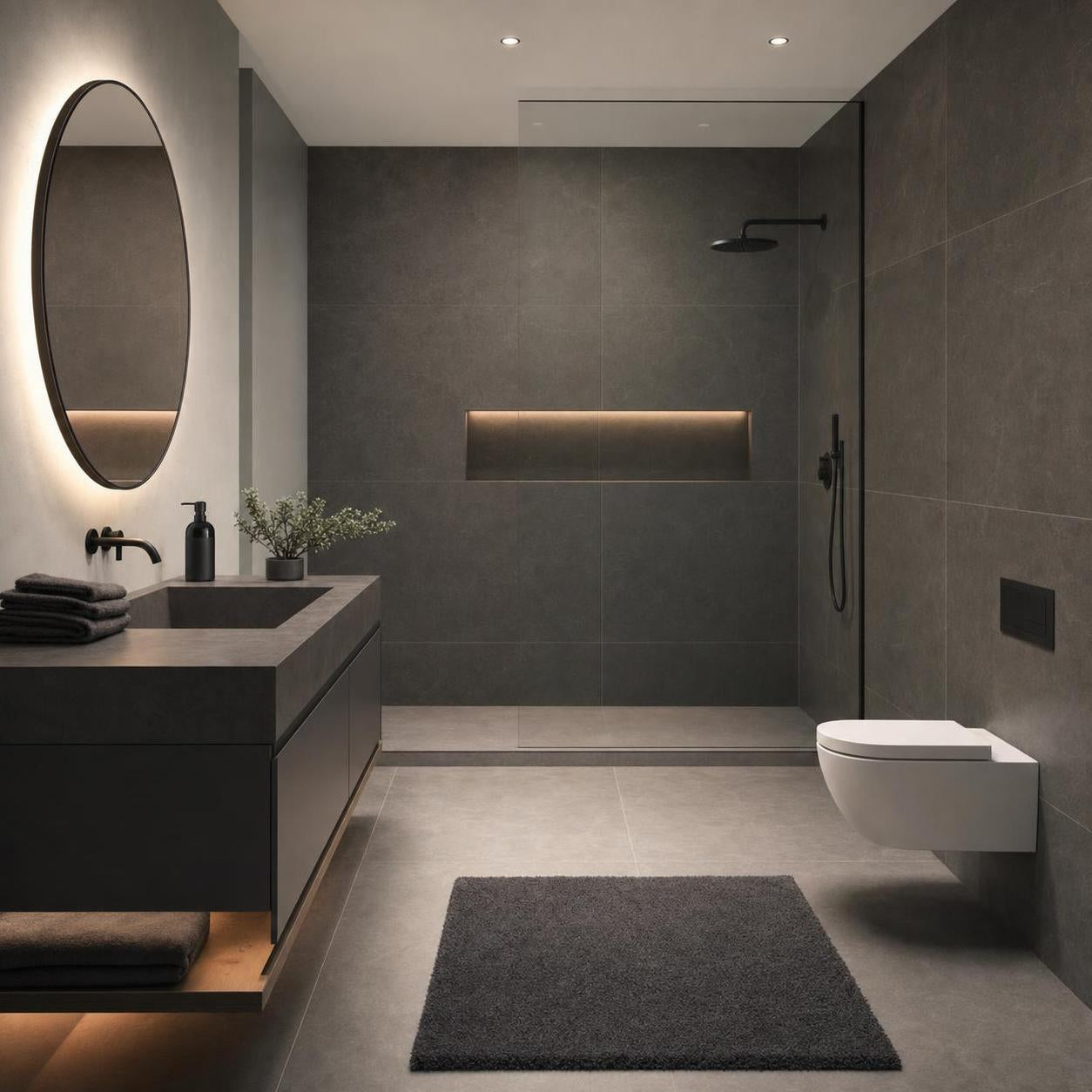 Modernes Bad mit grauen Fliesen, Walk-in-Dusche und rundem Spiegel.