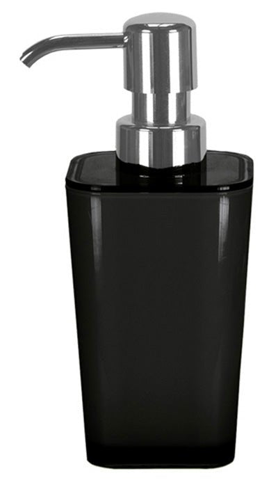 Schwarzer, eckiger Seifenspender mit silbernem Pumpkopf aus Metall