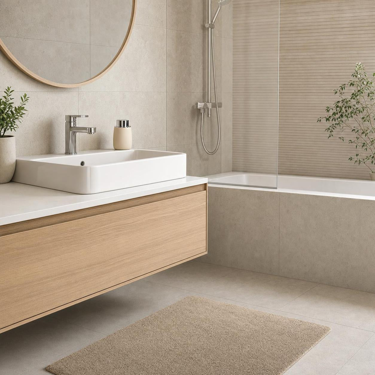 Beige Badematte liegt vor Waschtisch und Badewanne im hellen Bad.