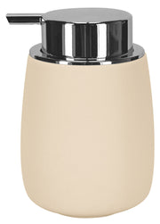 Seifenspender ECLIPSE in Sandbeige mit verchromtem Pumpkopf steht freigestellt vor weißem Hintergrund.