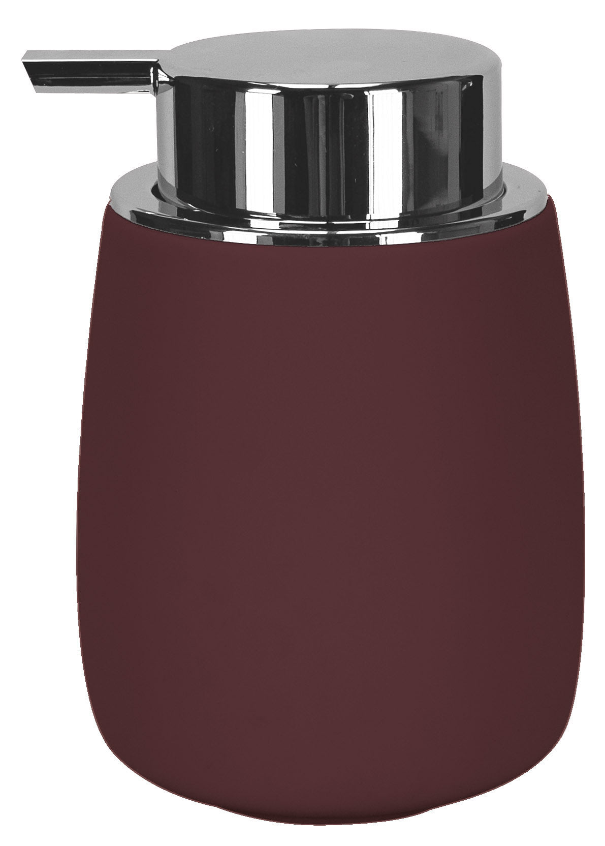 Seifenspender ECLIPSE Vino in Weinrot mit verchromtem Pumpkopf vor weißem Hintergrund.