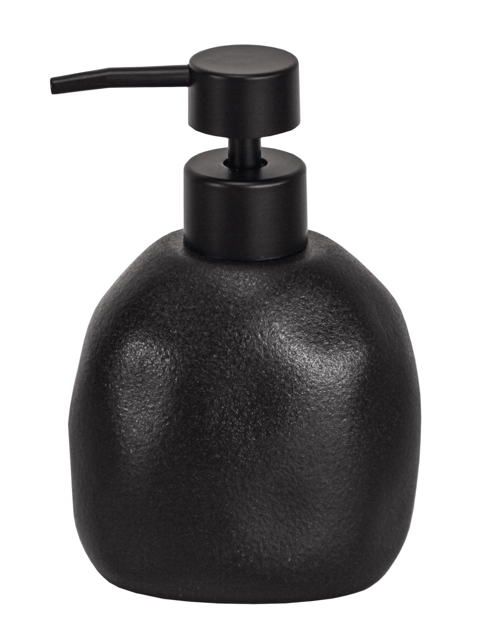 Schwarzer Seifenspender aus strukturiertem Stein mit Pumpkopf oben