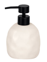 Runder, cremeweißer Seifenspender mit mattschwarzem Pumpaufsatz oben