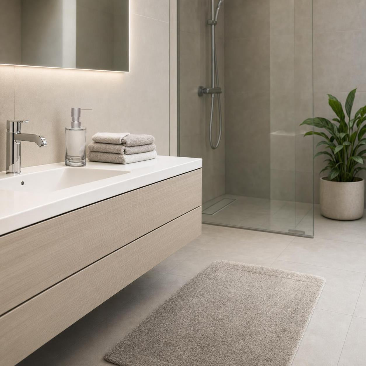 Ein grauer Badteppich liegt vor dem Waschtisch im modernen Badezimmer.