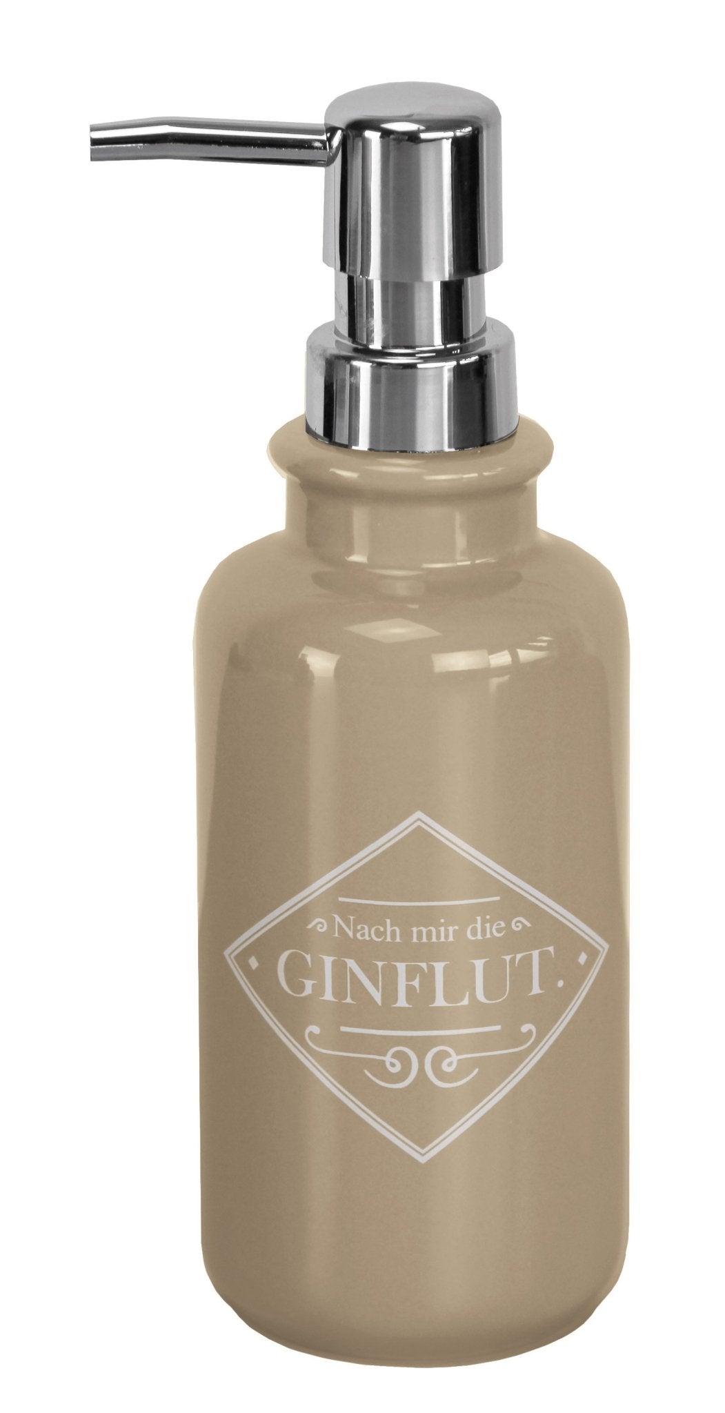 Beiger Seifenspender GIN Bahamabeige mit silbernem Pumpkopf vor weißem Hintergrund.