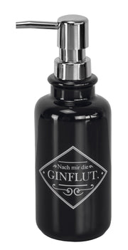 Schwarzer Seifenspender GIN Schwarz mit Aufdruck Nach mir die Ginflut steht vor weißem Hintergrund.