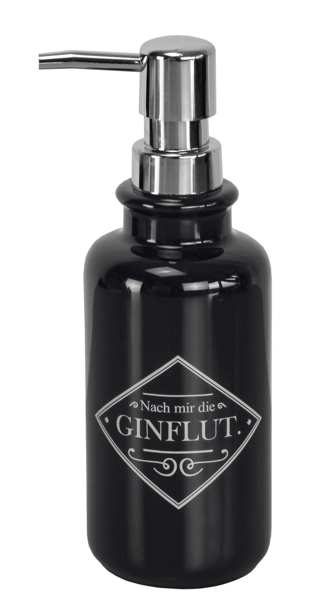 Schwarzer Seifenspender GIN Schwarz mit Aufdruck Nach mir die Ginflut steht vor weißem Hintergrund.