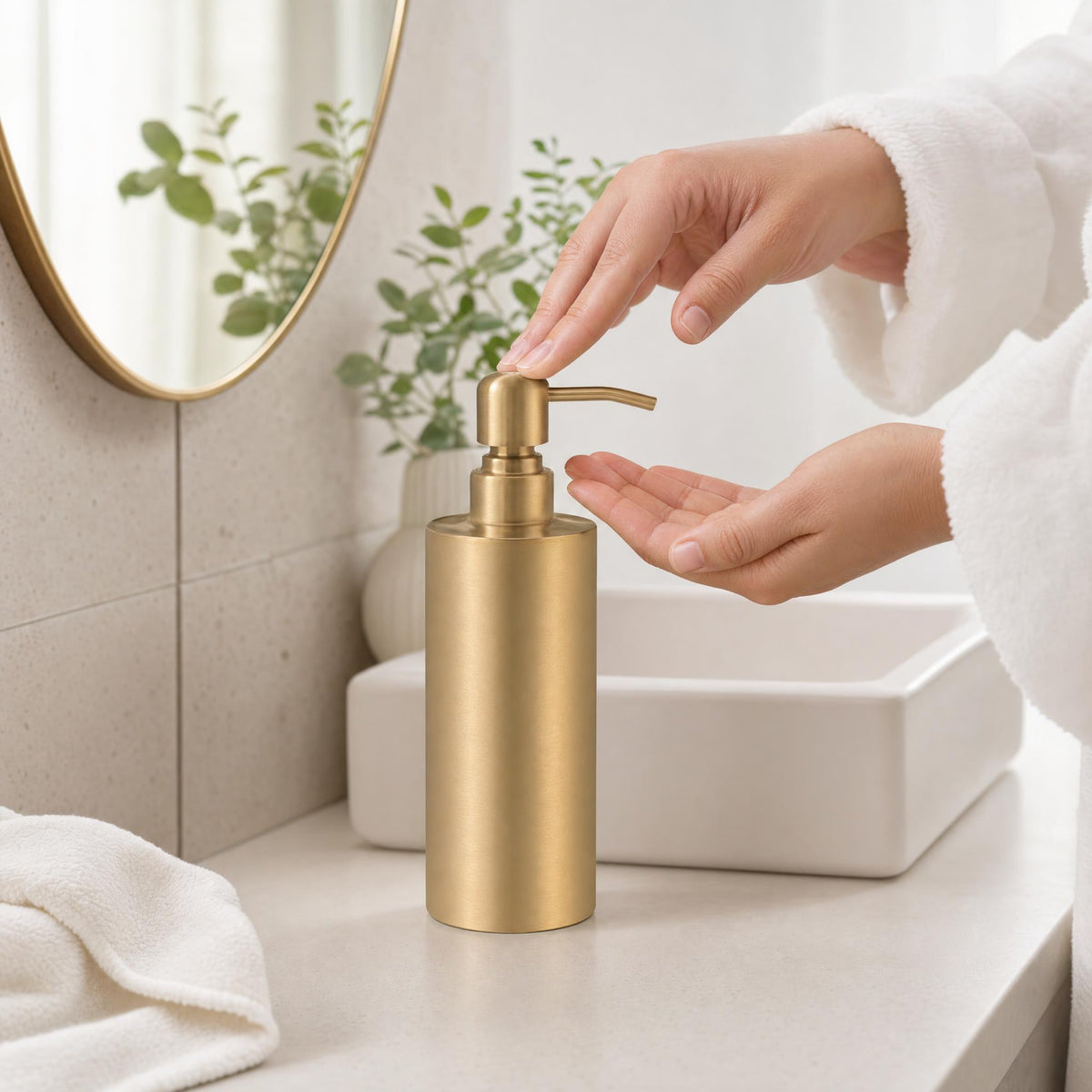 Goldfarbener Seifenspender im Bad wird von einer Hand im Bademantel bedient.