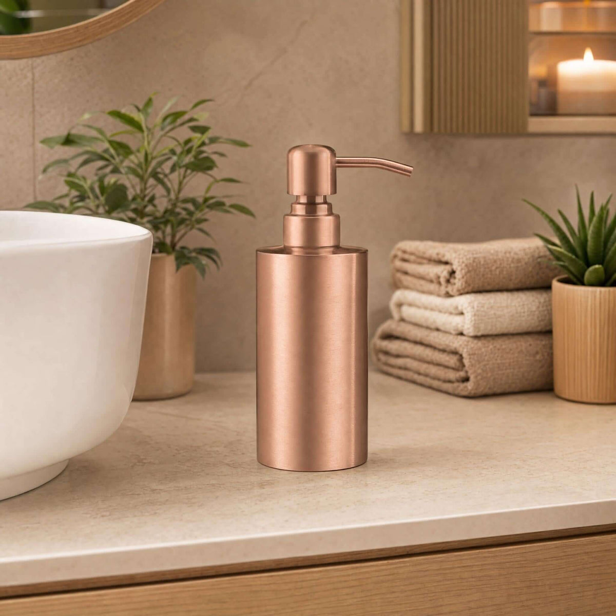 Roségoldfarbener Seifenspender auf Waschtisch mit Handtüchern und Pflanzen.
