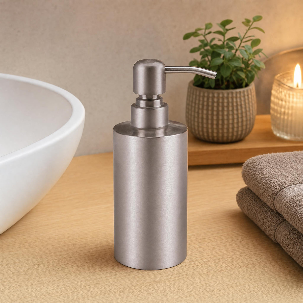 Silberfarbener Seifenspender auf Holzablage neben Waschbecken und Handtüchern.