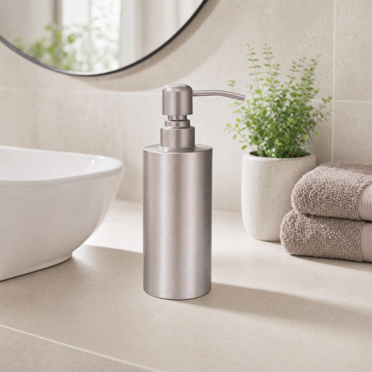 Edelstahl-Seifenspender auf Badablage neben Waschbecken, Pflanze und Tüchern.