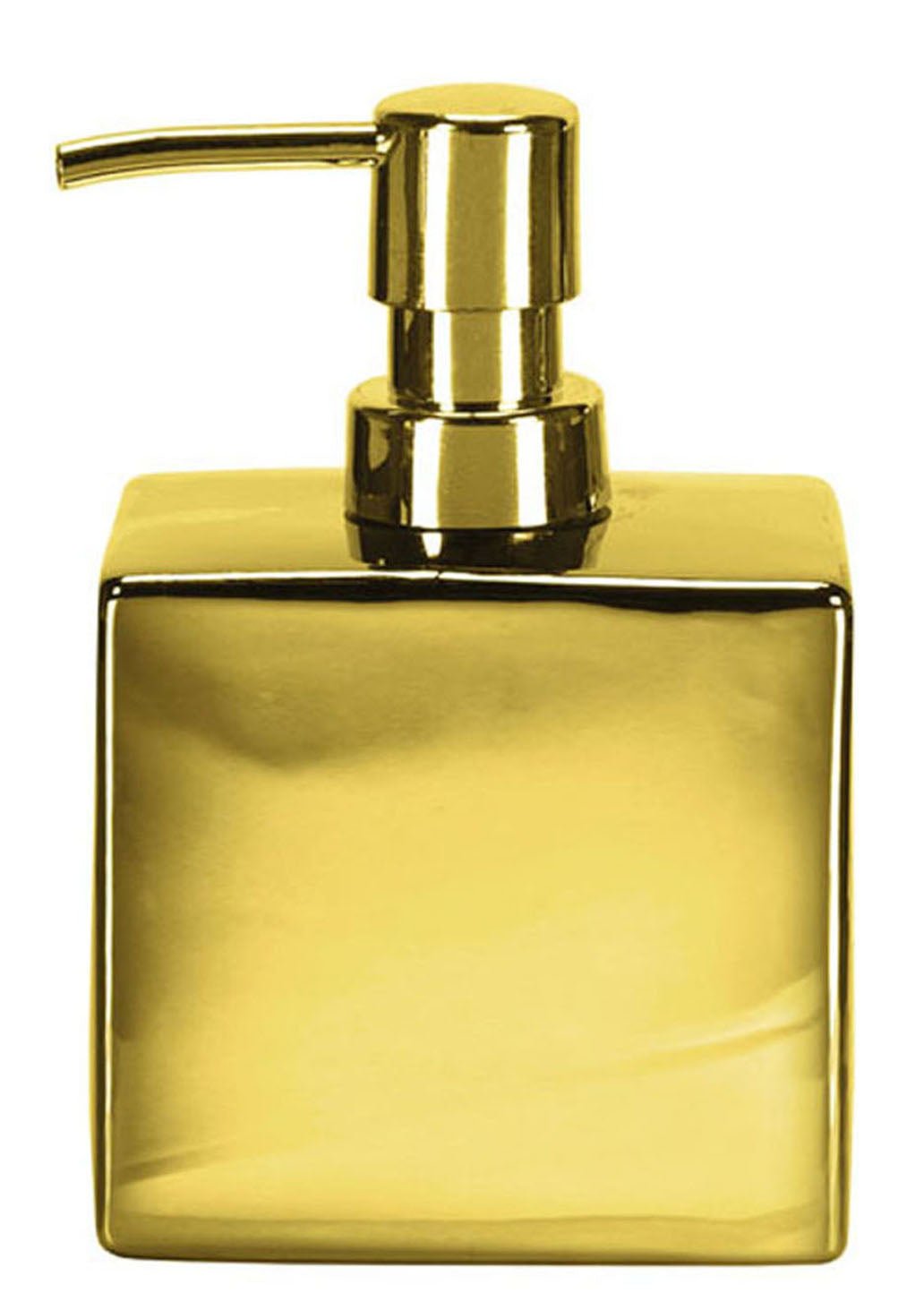 Goldfarbener Seifenspender GLAMOUR steht freistehend vor weißem Hintergrund.