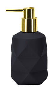 Seifenspender GOLDEN CRACKLE Schwarz mit goldener Pumpe steht freigestellt vor weißem Hintergrund.
