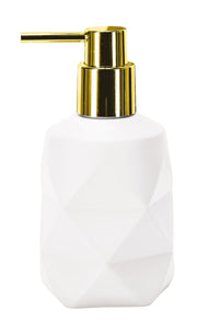 Der Seifenspender GOLDEN CRACKLE Weiß steht mit goldener Pumpe vor weißem Hintergrund.