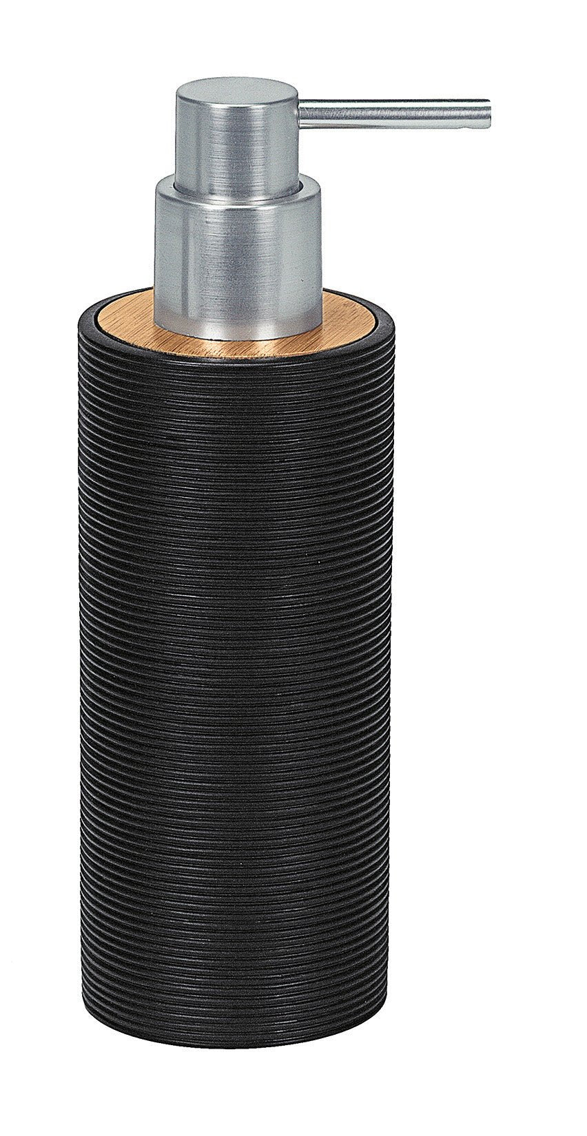 Seifenspender KYOTO Schwarz mit geriffeltem Korpus und silberner Pumpe auf hellem Hintergrund.