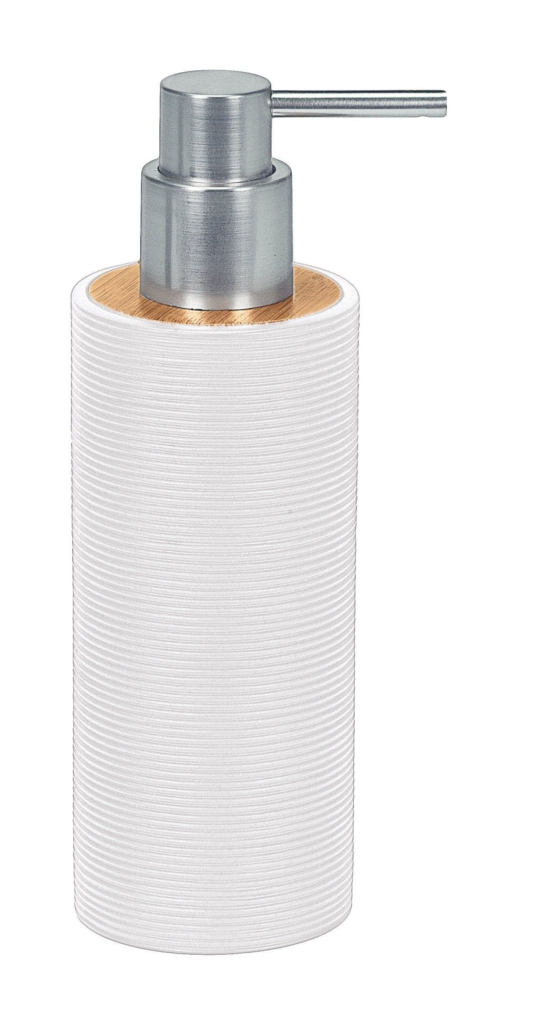 Auf dem Bild steht ein Seifenspender KYOTO Weiß mit silbernem Pumpkopf auf hellem Hintergrund.