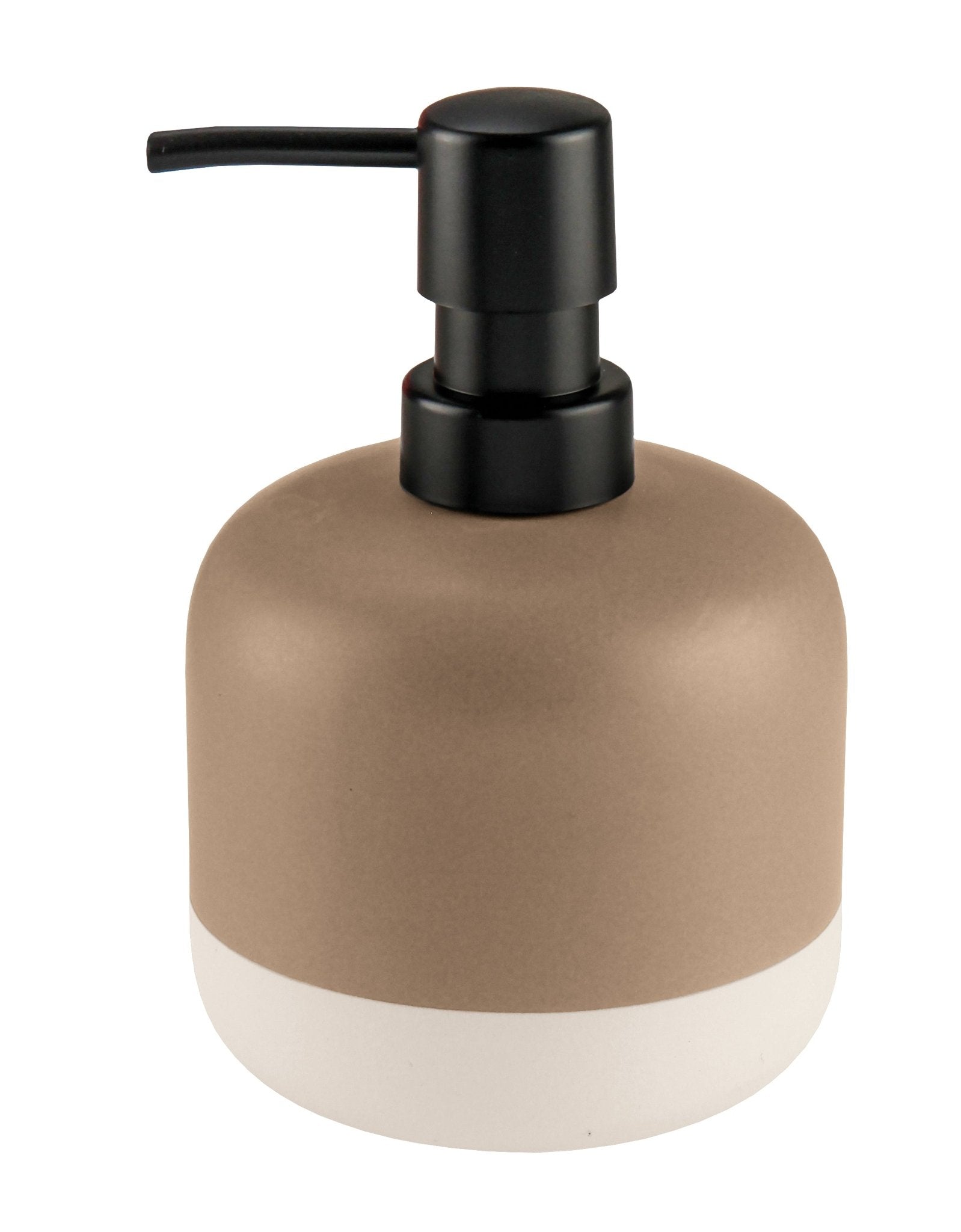 Seifenspender LUNELLA Taupe steht freistehend vor weißem Hintergrund.
