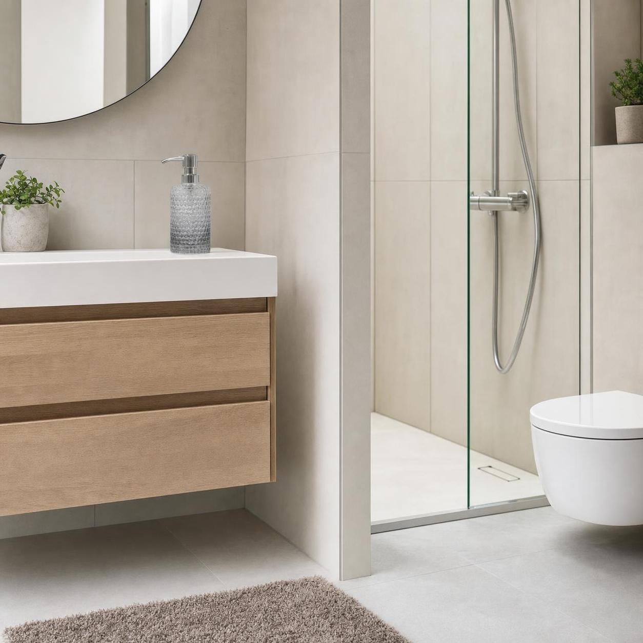 Modernes Bad mit Holz-Waschtisch, Glasdusche und rundem Spiegel.
