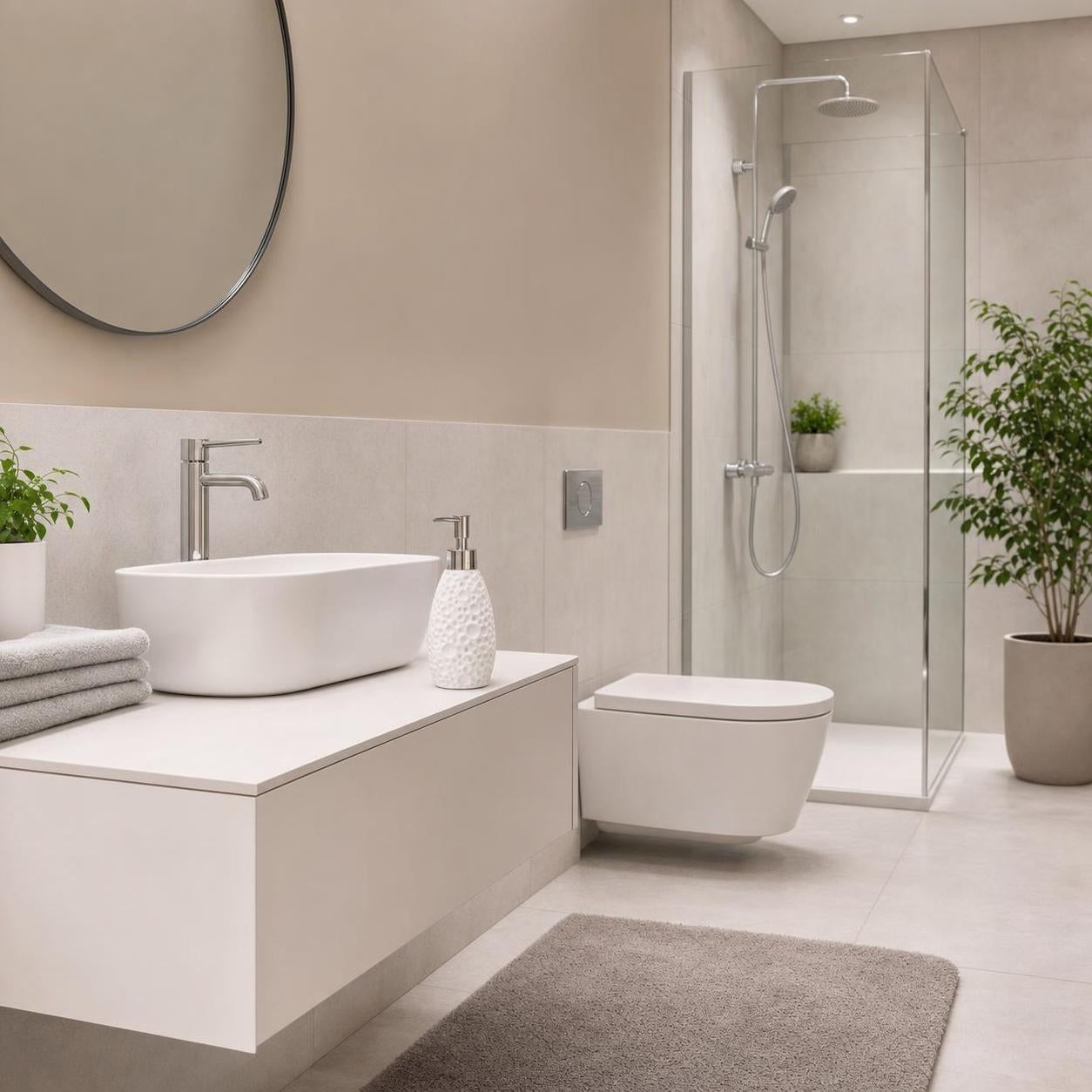 Graue Badematte liegt vor WC und Glasdusche im modernen Bad.