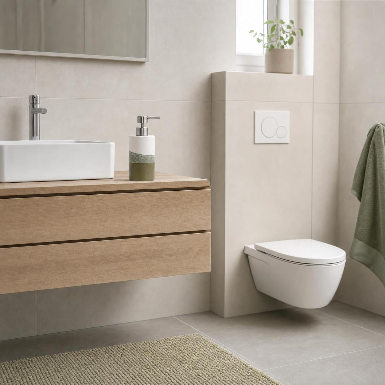 Ein wandhängendes WC steht in einem hellen Bad mit Holzwaschtisch.