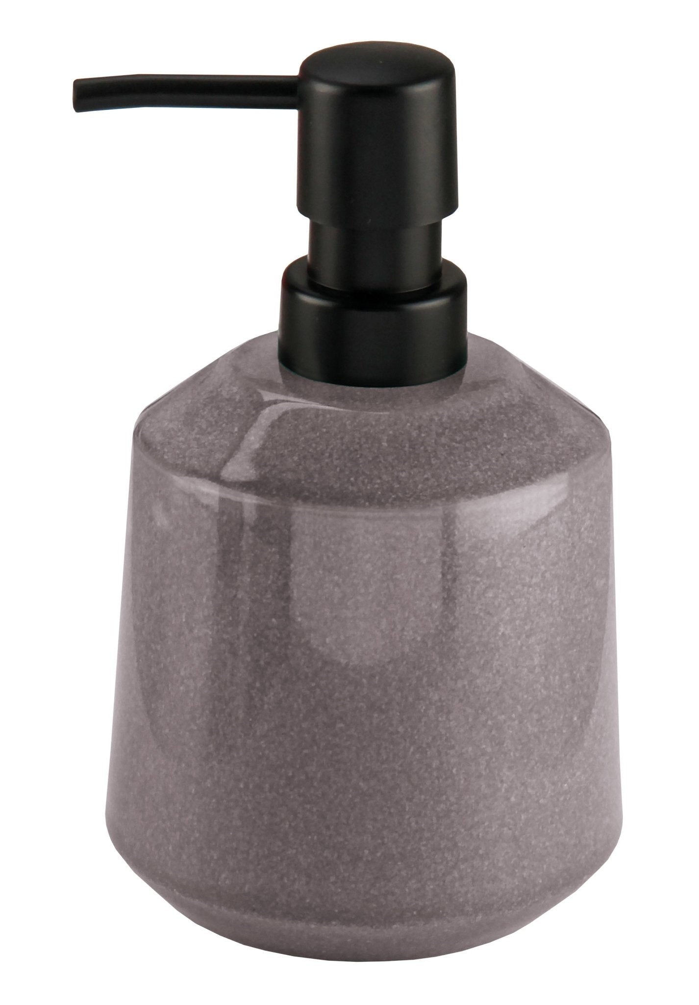 Grauer Seifenspender aus Keramik mit schwarzem Pumpkopf, modernes Design