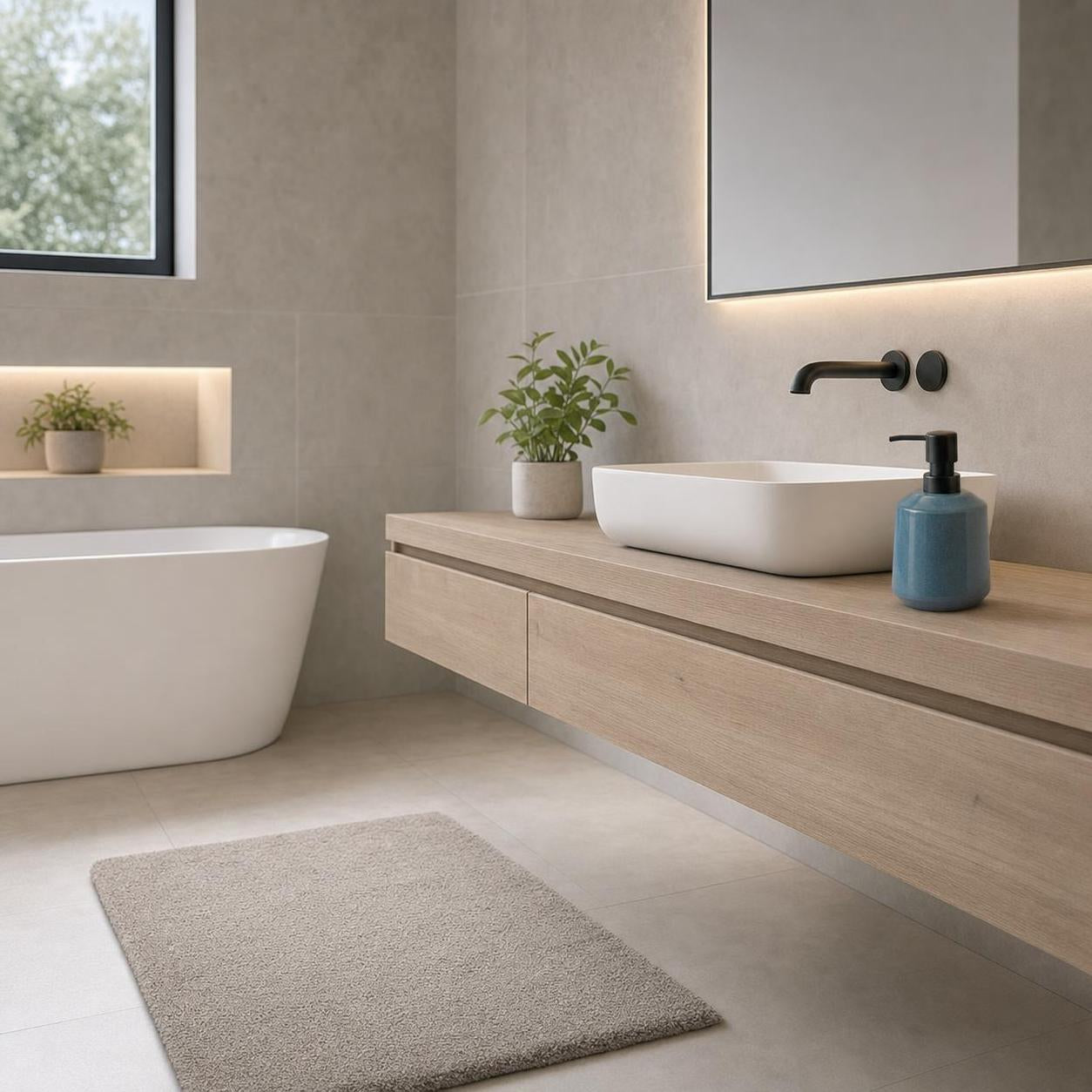 Graue Badematte liegt vor Waschtisch und Badewanne im modernen Bad.
