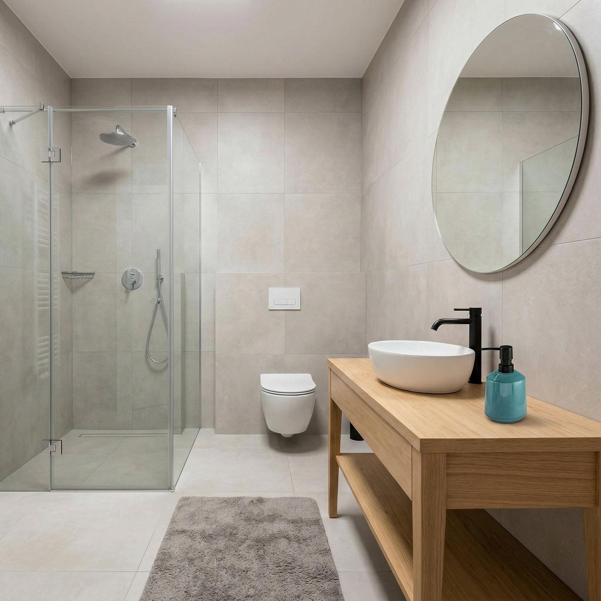 Bad mit Glasdusche, Wand-WC und Holzwaschtisch mit Aufsatzbecken