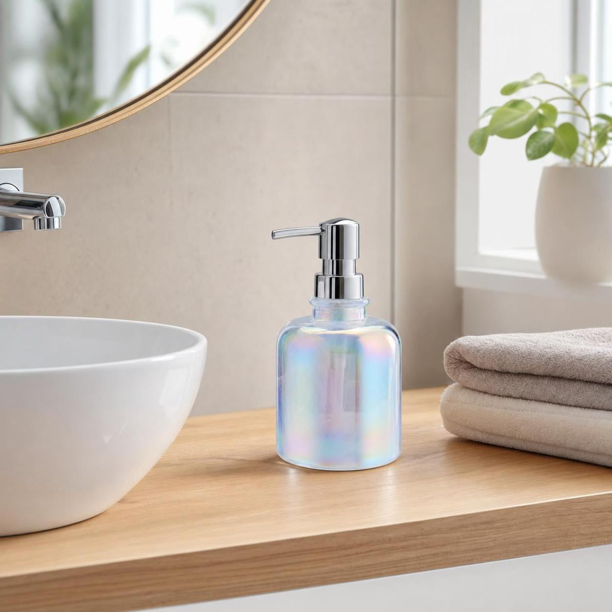 Ein irisierender Seifenspender steht neben Waschbecken und Handtüchern.