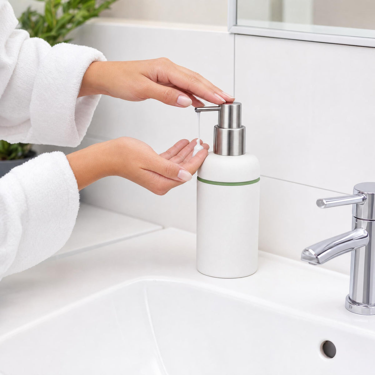 Hand betätigt weißen Seifenspender am Waschbecken im Badezimmer.