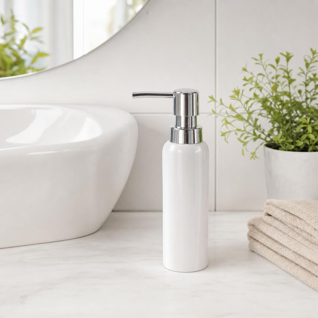Weißer Seifenspender steht neben Waschbecken, Pflanze und Handtüchern.