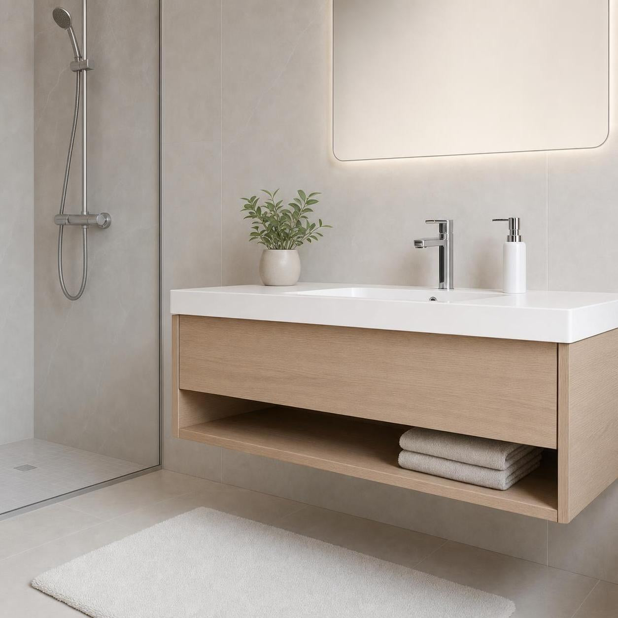 Hängender Waschtisch aus Holz mit weißem Becken im modernen Bad.